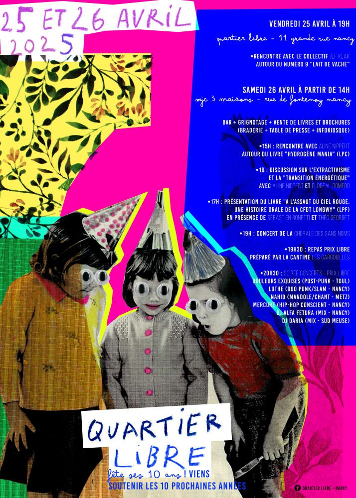 Trois enfants vêtus de chapeaux pointus et de googly eyes sont penchés pour souffler sur l'inscription au pastel "Quartier libre". 25 et 26 avril 2025, Quartier libre fête ses 10 ans. Viens soutenir les 10 prochaines années.