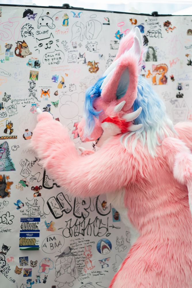 A pink dragon fursuiter pins a sticker to the sticker wall with her nail

TAGS: #fursuit #furtographer #anthrocon #fursuitfriday #dragon #AC2025 