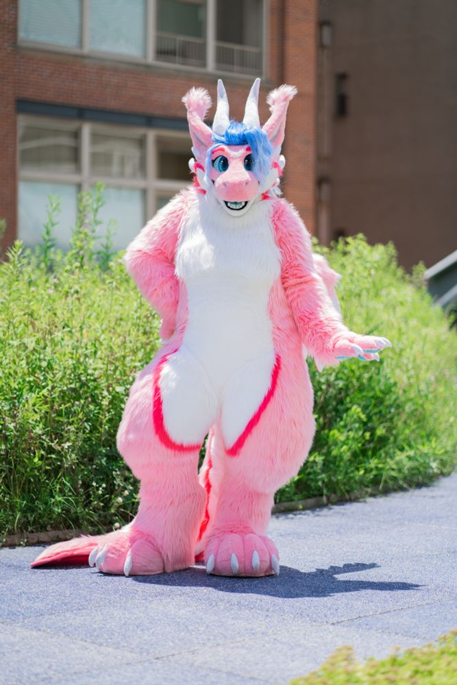 A pink dragon fursuiter poses playfully for the camera, standing outside, in front of a small garden of tall plants.

TAGS: #fursuit #furtographer #anthrocon #fursuitfriday #dragon #AC2025 