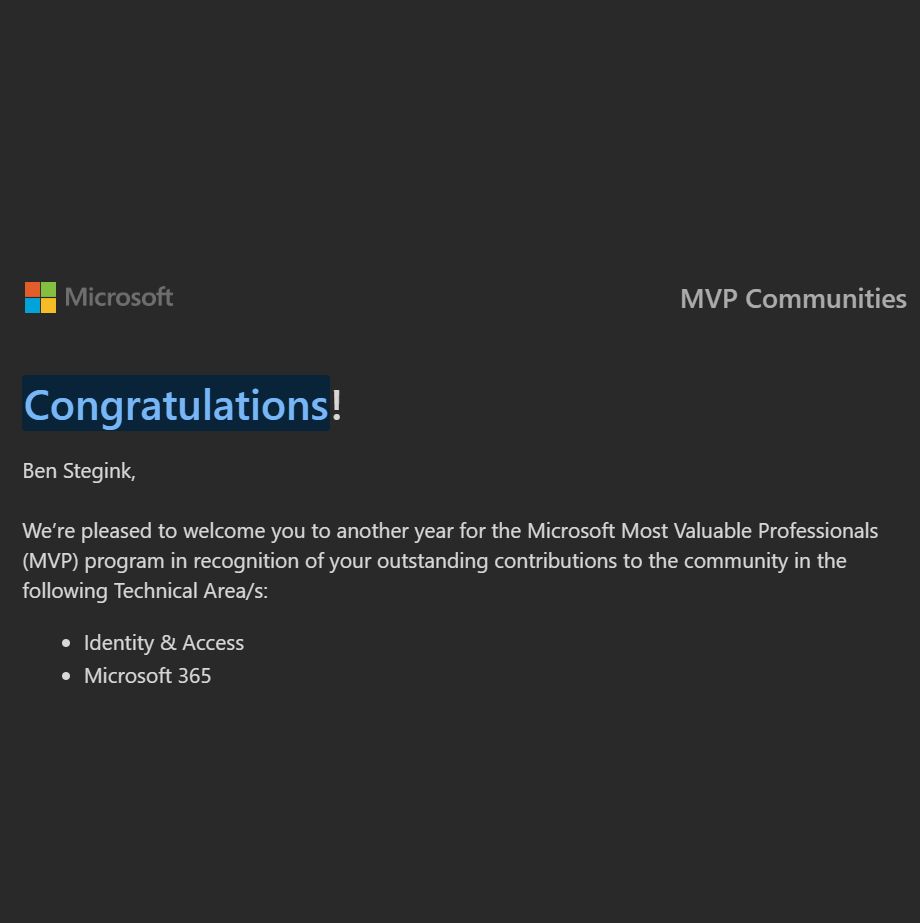 Microsoft MVP award email in the technical areas of Identity & Access; Microsoft 365