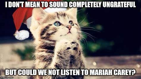 A kitten wearing a Santa hat praying “I don’t mean to sound completely ungrateful but could we not listen to Marian Carey”