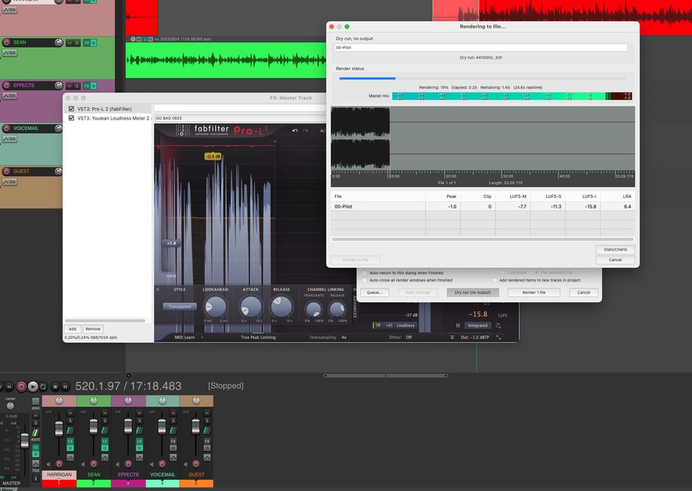 screen shot of digital audio workstation, level, tracks, audio plugin interface.