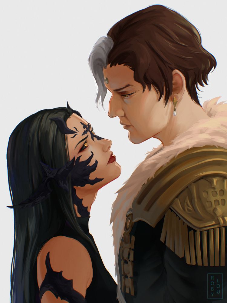 Art of a dark haired Au Ra from Final Fantasy 14 and Emet-Selch from Final Fantasy 14 staring at one another.