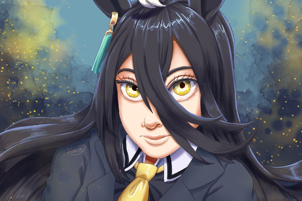 Digital bust-up drawing of Manhattan Cafe from Umamusume: Pretty Derby on an abstract dark blue and gold background. She's glaring at the viewer -- idk maybe it's Tachyon talking some shit about her racing. 