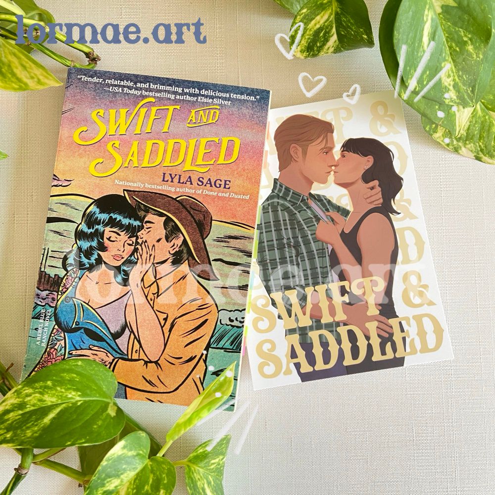 An art print of Ada and Wes wedged between the pages of a copy of Swift and Saddled by Lyla Sage. 