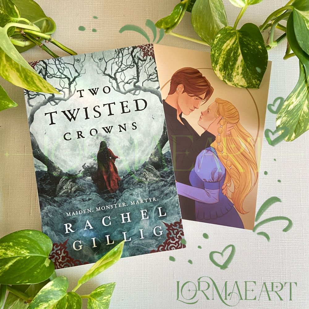 An art print of Ione and Elm wedged between the pages of a copy of Two Twisted Crowns by Rachel Gillig. 