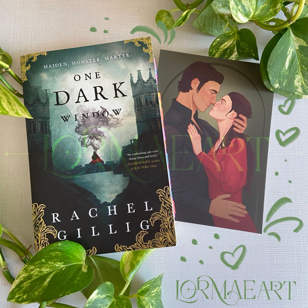 An art print of Elspeth and Rayvn wedged between the pages of a copy of One Dark Window by Rachel Gillig. 