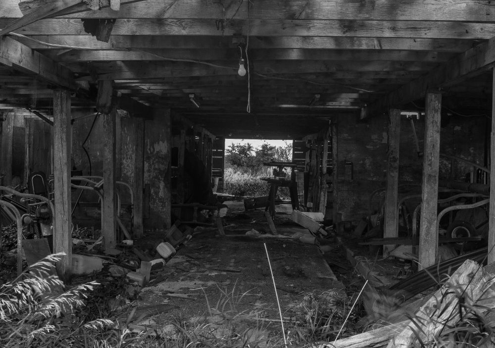 The inside of a collapsing barn