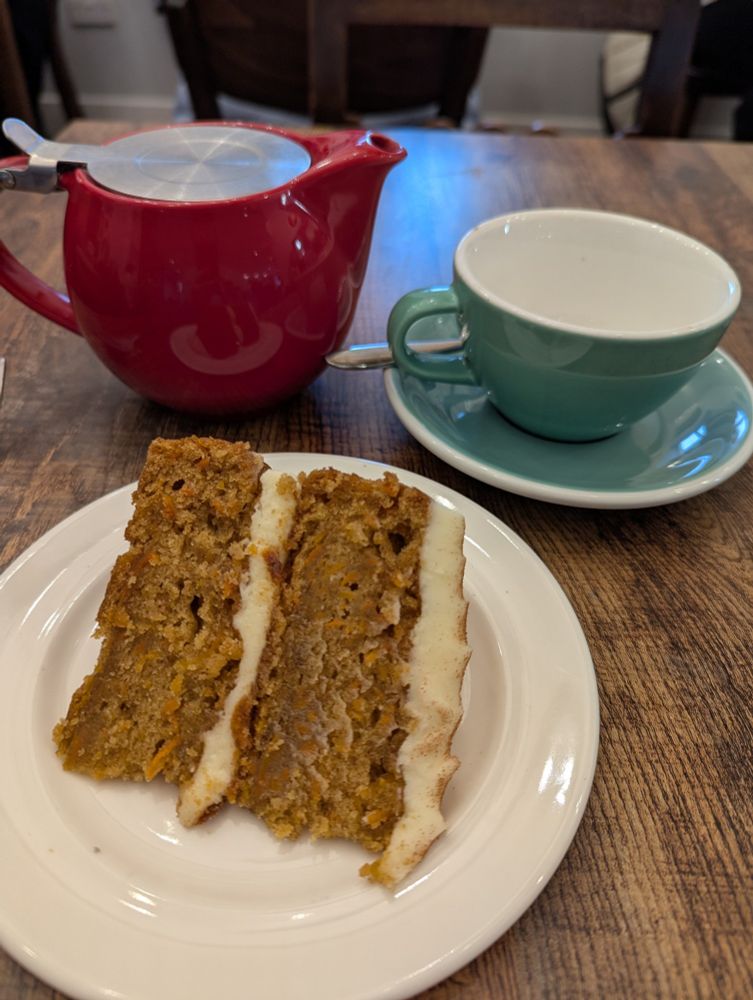 Carrot cake with a pot of tea 