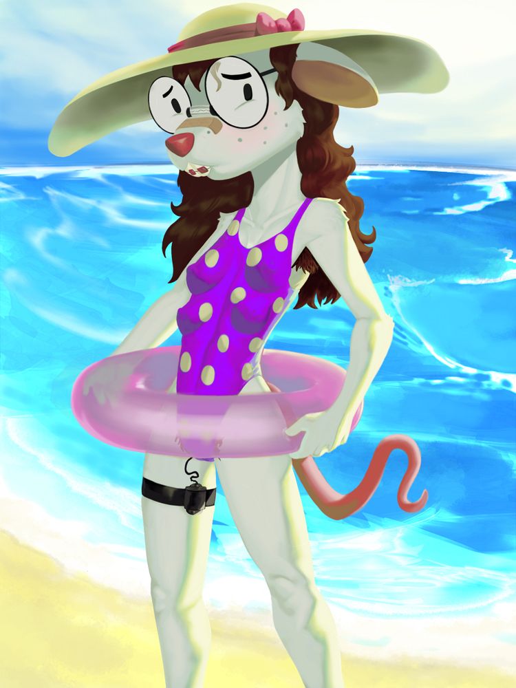 Cute mouse wearing a wide summer hat with a pink box, taped glasses, and in a swimsuit stands with a slightly nervous expression. They're holding an inflatable inner tube and have a bandage on their nose, as well as a battery pack tied to their inner thigh.