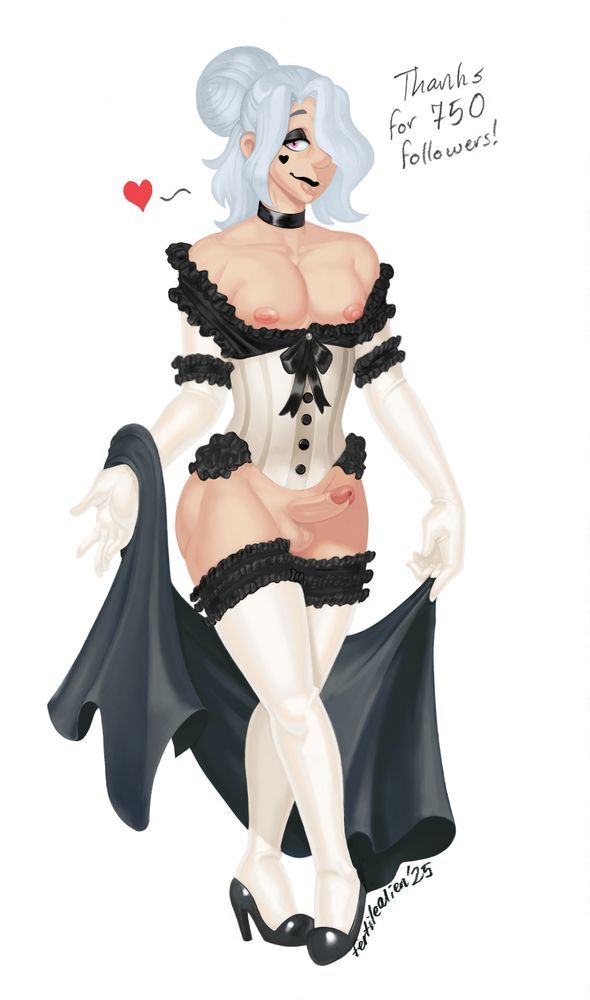 a black and white sketch of Luca, a lithe young man with long pale hair and and a demure but inviting smile on his face. He wears elaborate frilly lingerie including a corset, opera gloves, thigh highs, high heels, and a black scarf, which he currently lets trail behind him. Notably he does not have underwear, so his erect cock is on display! He gazes at the viewer as he steps forward, clearly inviting you to reach out and touch...