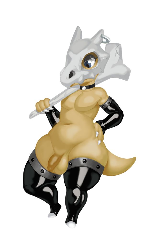 Anthropomorphic cubone wearing leather leggings/sleeves, a pierced skull helmet with a silver ring, and a little medallion choker. Naked otherwise with fully visible penis and balls.