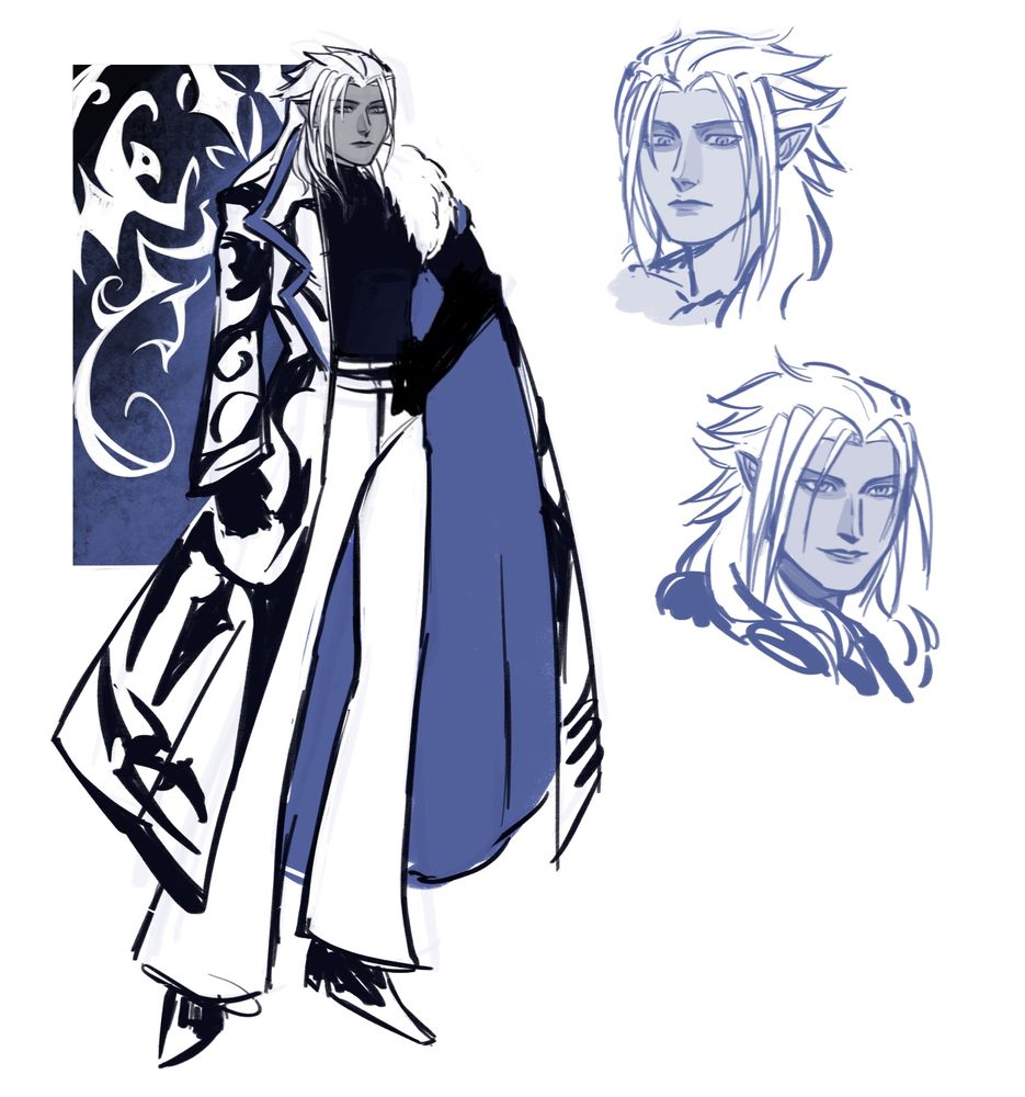 digital sketches of xemnas from kingdom hearts, one full body drawing in a coat inspired by both no heart armor design (the blue accent color and half of a fur collar) and his kh2 boss fight form & two 3/4 portraits
