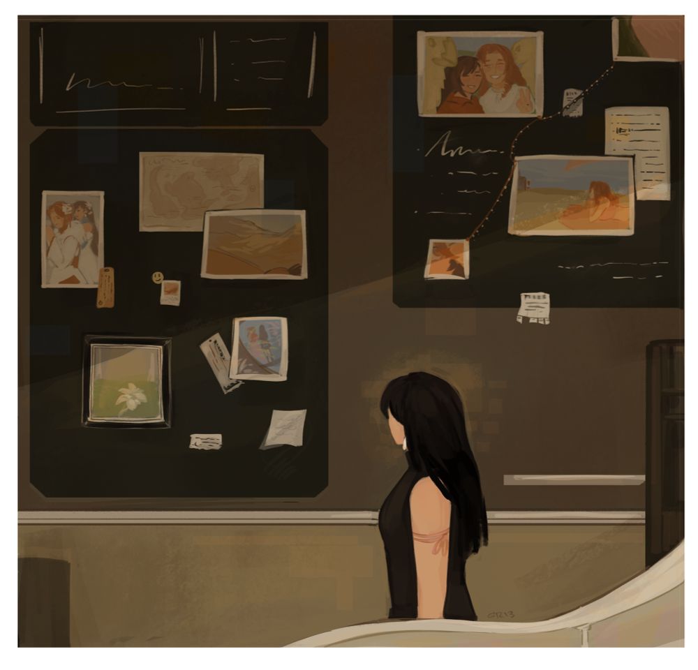 a digital painting of tifa lockhart from final fantasy in seventh heaven from advent children, gazing at a wall decorated with photos and mementos from her travels (mostly focusing on aerith)