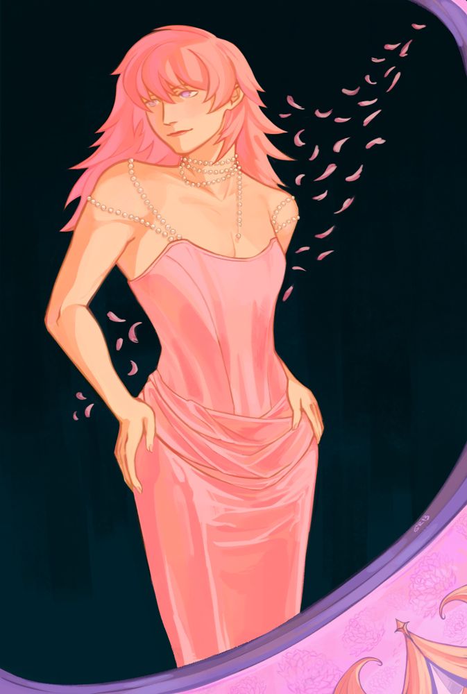 a digital painting of marluxia from kingdom hearts in pink vivienne westwood dress with pearl accessories and necklace based on elle fanning photoshoot from 2021. marluxia’s scythe, graceful dahlia, although greatly redesigned, serves as a part of the foreground making composition more character-focused