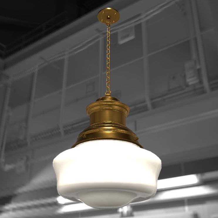 a gold light fixture, hung by a chain. the glass which the light casts through is kind of curvy.