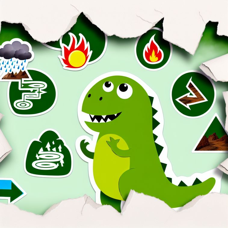 a green t-rex cartoon stands in a collage of set backs like fire, an asteroid, winding paths, and other hardships that are done in a torn paper collage style