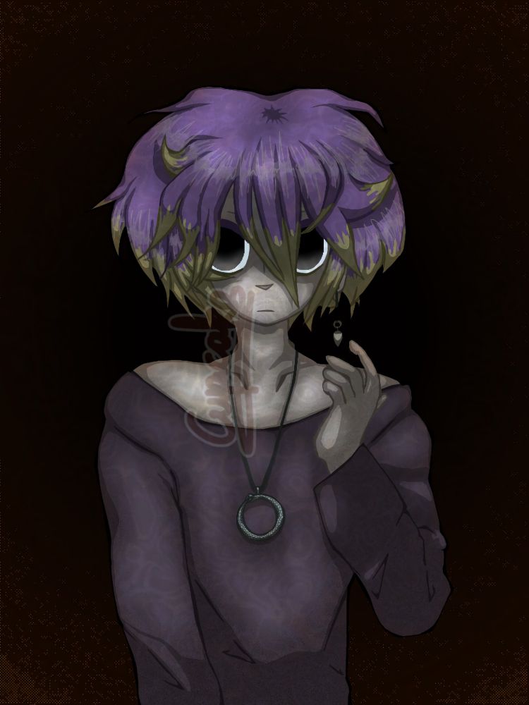 Drawing of a pale person with short lavender hair with blonde tips. They have black soulless eyes staring direct at the viewer. They're wearing a greyish purple shirt, an ourobouros necklace and a single long earring on their left ear.
The background is dark, and slightly orange on the corners.