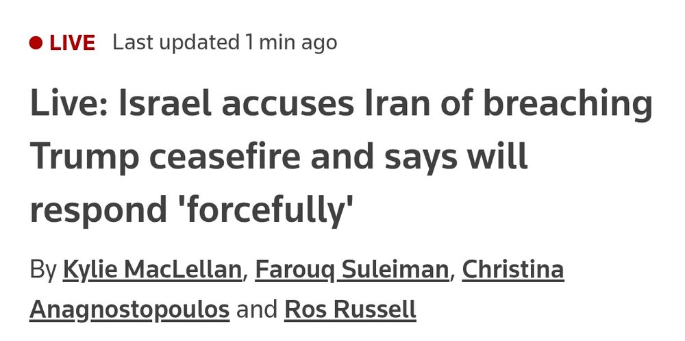 A headline from Reuters detailing the resumption of hostilities between Iran and Israel shortly after a ceasefire was put in place 