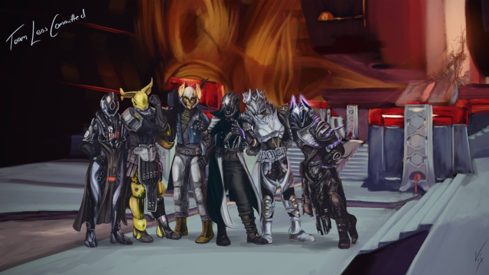 A realistic digital artwork of a Destiny 2 raid team posing for a photo at the end of the Vow of the Disciple raid.