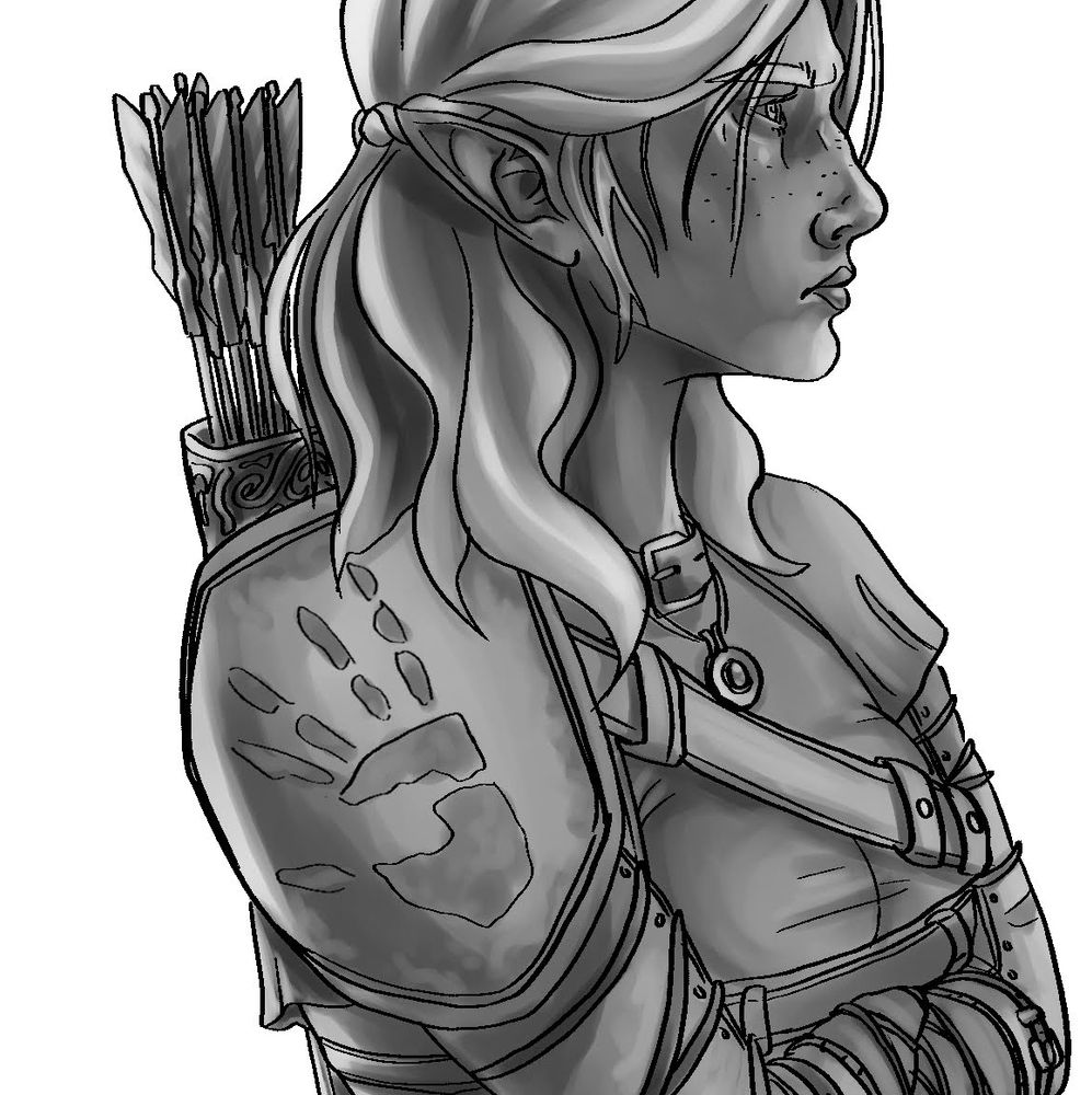 Cropped digital art of a bosmer dark brotherhood assassin from Oblivion. It's in the grey scale shading stage and still needs colour.