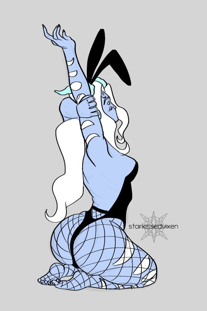 Ithiliel, a blue skinned, white hair, crystal horned spider woman with moon symbols on her arms and legs. She is wearing a black bunny suit and stretching.