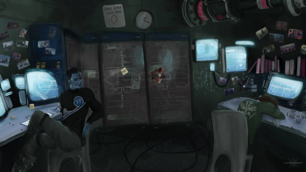 A digital painting featuring Crow from Destiny 2 and an oc awoken hunter named Hawk in an office, with Hawk asleep at her desk.