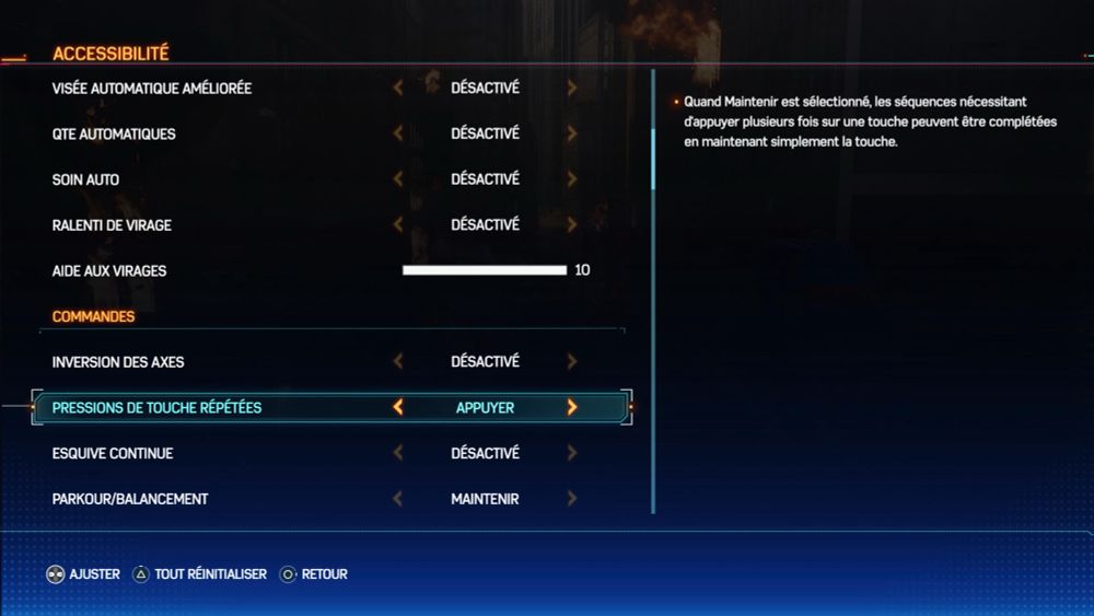 Capture d’écran des options d’accessibilité du jeu Spider-Man 2 (commandes)
