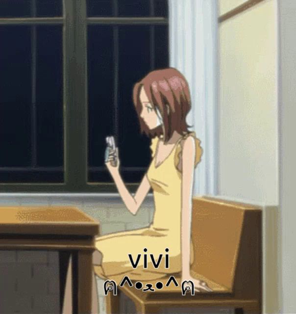 a picture of a girl sitting on a bench with the word vivi written below her