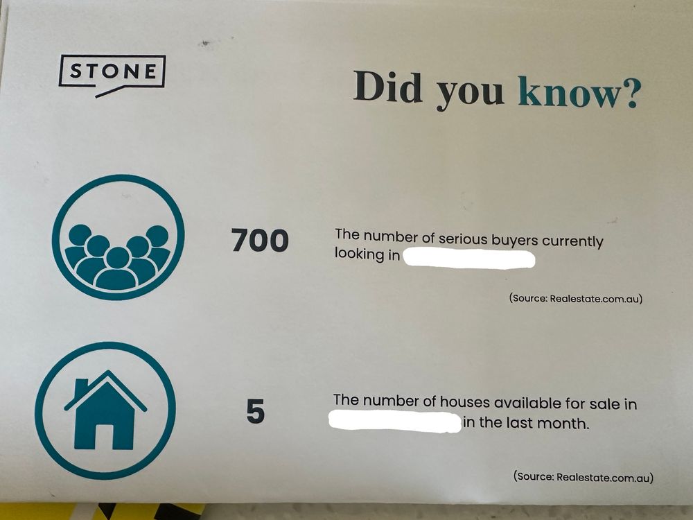 A flyer from Stone Real Estate.
Did you know?
700 — The number of serious buyers currently looking in (blank)
5 — The number of houses available for sale in (blank) in the last month