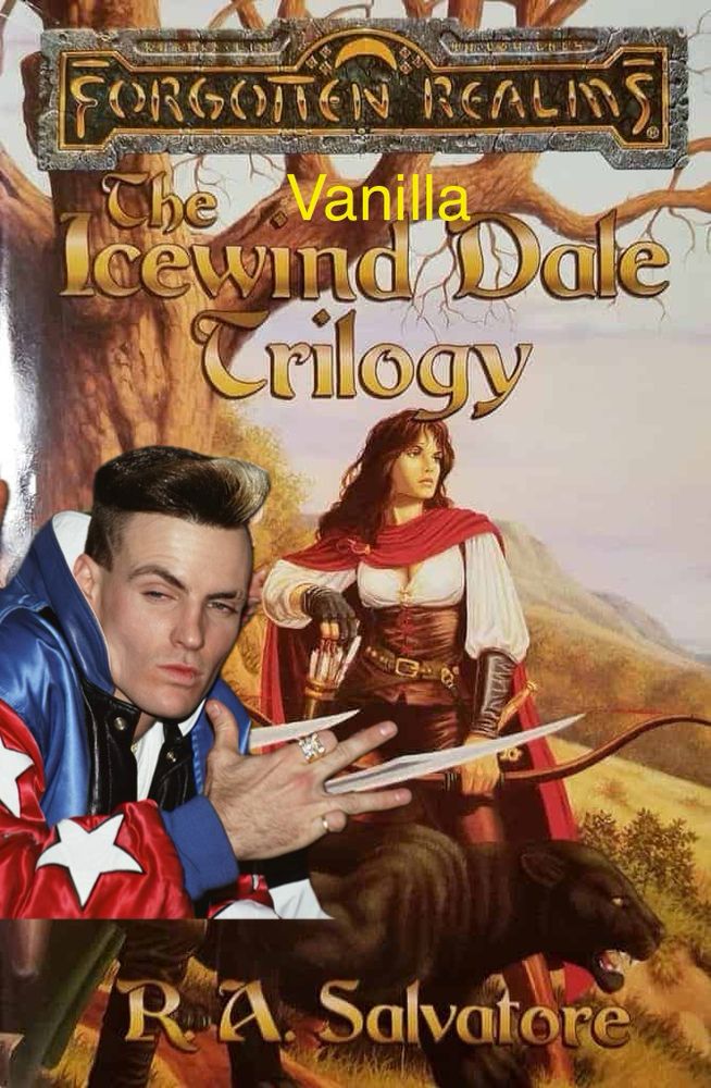 The cover for the Icewind Dale Trilogy by R A Salvatore but Drizzt is replaced by vanilla ice.