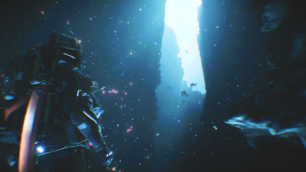 A futuristic figure in a dark, space-like environment observes a narrow crevice illuminated by light. Ethereal, floating forms are seen in the distance amidst a backdrop of stars and particles.