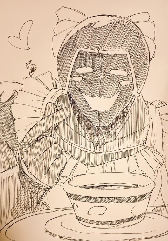 素敵な笑顔で指ハート作りながら紅茶を給仕してくれるフリフリエプロン姿のウォーズマン