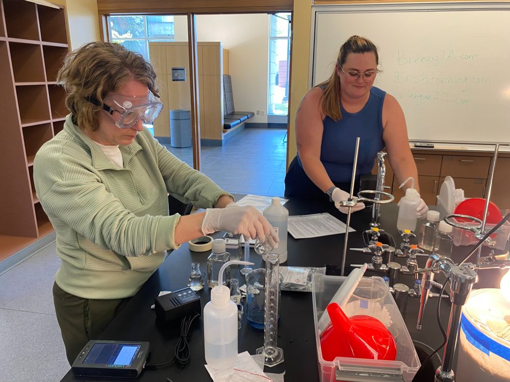 2 people stand at a table actively working on a science experiment, with lots of beaker, bottles, and lab equipment nearby.