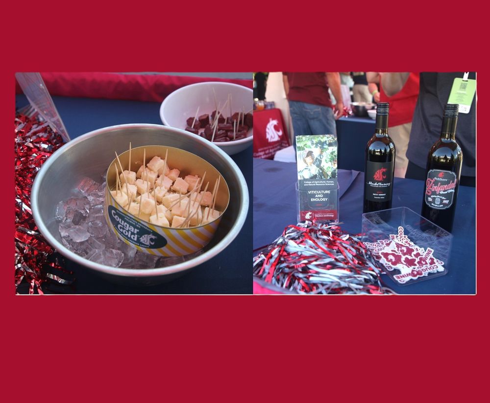 Composite of 2 images side-by-side. On the left, a metal can filled with cheese cubes that have toothpicks in them sits in a bowl of ice. On the right, several bottles of wine with WSU logos sit on a table, surrounded by crimson and gray items like pom-poms.