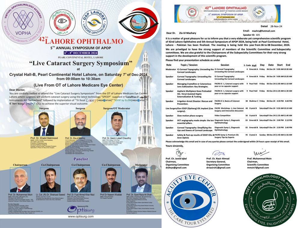 Lahore Ophthalmo 2024: Passion for learning and teaching ophthalmology continues!
Exciting times ahead with live phaco surgery featuring Medicontur EDOf Elon IOL implantation. Stay tuned for more updates! #LahoreOphthalmo #Ophthalmology #PhacoSurgery #MedicalEducation #EyeHealth