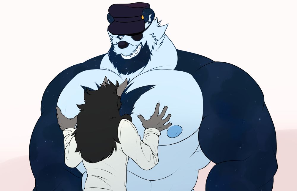 Beck motorboating/gripping Rycan's chest, as Rycan stares down at Beck grinning as he's enjoying himself.