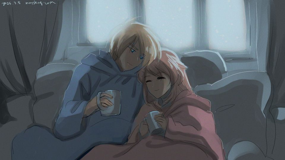 my oc jeremy (ginger hair blue eyes young man) and rose (pink blonde hair green eyes young woman) snuggling on the sofa with wearable blankets and warm drinks in their hands against a grayish winter day outside the window. 