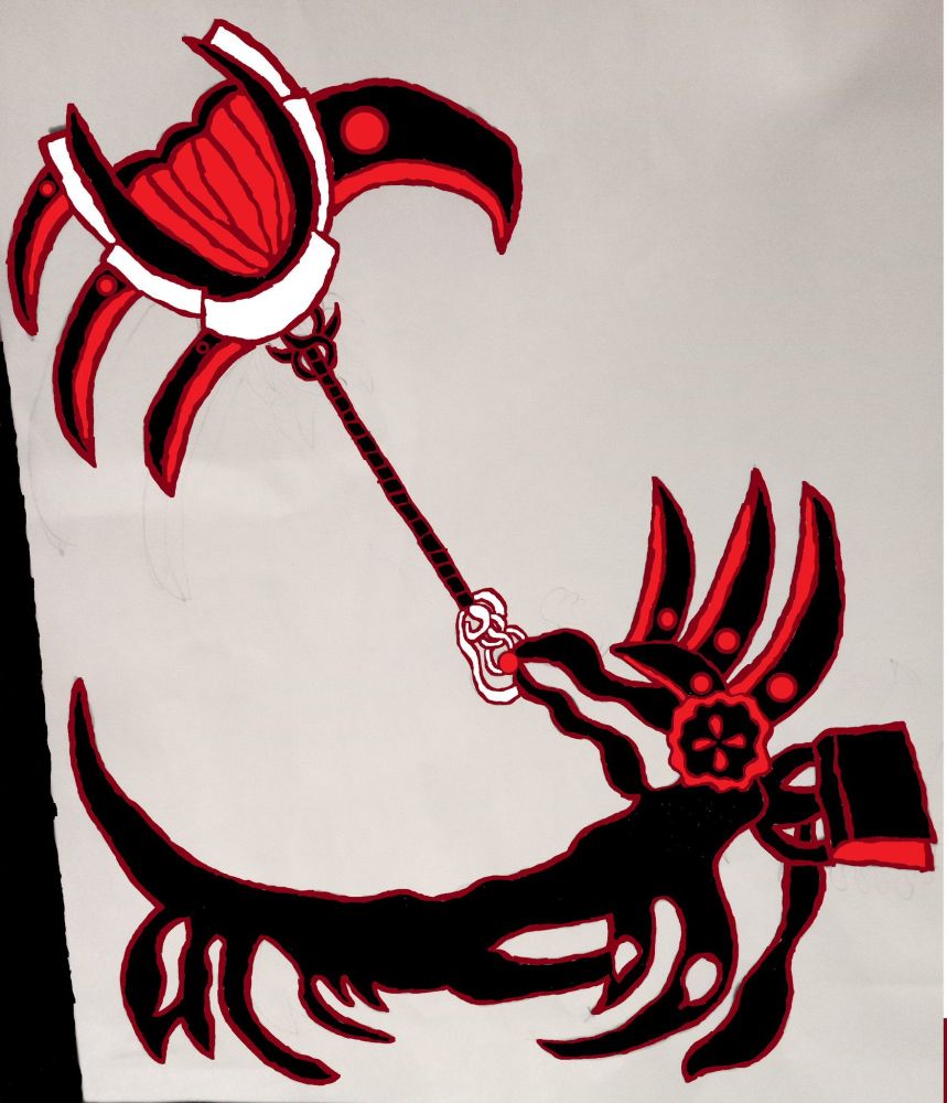 A black irregular monster shape oc with red rim blades and a large weapon