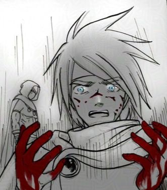 A gray color scene with Jeremy (a soldier) in shock of the blood on his hands staring forward 