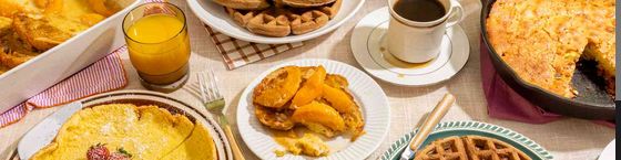 banner of american breakfast items, coffee, juice, pie, omlete, waffles