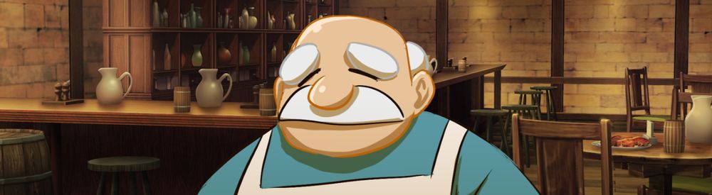 Papa William, a friendly old chef in a bar of wooden furniture, bald shiny head with white side hair and round bushy eyebrows, big white mustaches, rounded figure. 