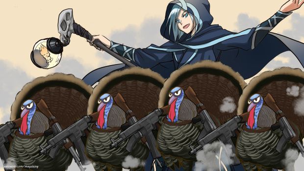 Isaac the troll wizard dressed in dark blue with white hair blue eyes, light skin, sent a row of turkeys in with guns for revenge using his magic staff