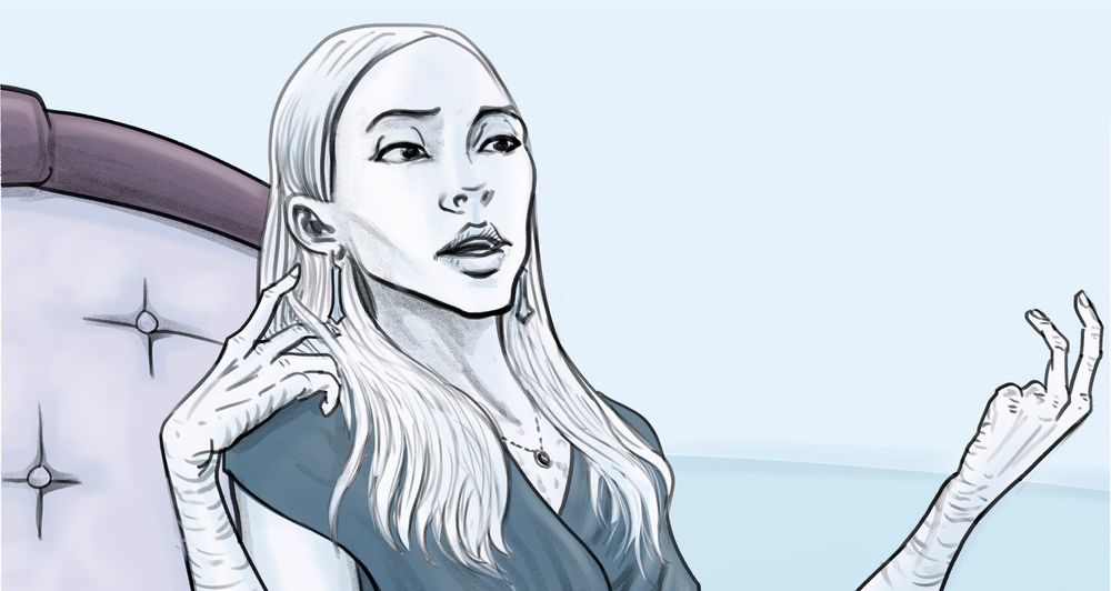 Bianca, a character from the Weird Luck webcomic, as drawn by Mike Bennewitz. Femme-presenting, youngish-looking woman with frost-white skin, playing with her long frost-white hair with one hand, grayish scars visible on wrist. Gesturing with other hand, which is missing the pinky and ring fingers.
