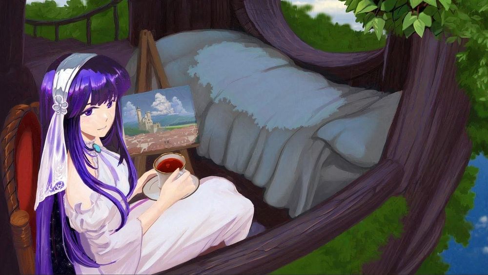 Mayshing, a young pale skin woman with long purple hair and starry sparkles with gentle purple eyes and smile dressed in white gown, having black tea with classy tea cups sitting up in a tree house in the sky, a painting on the easel nearby her depicts a castle in progress. 