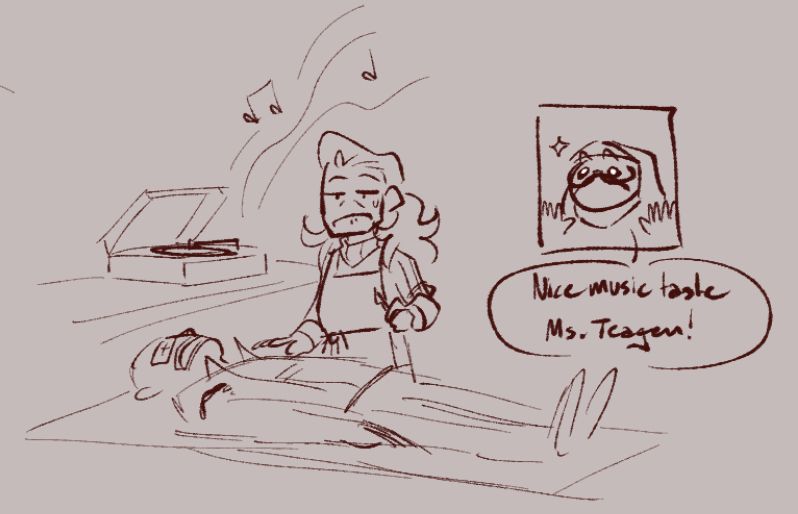 In what's supposed to be a morgue, the Coroner (TF2 OC) has the body of a dead Spy on the examination table, and a record player on a table in the background. Before she can start her autopsy, another character called the Harbinger (TF2 OC made by my friend Chi) is watching from outside, looking through a window. He happily says "nice music taste, Ms. Teagan," referring to the record player.
