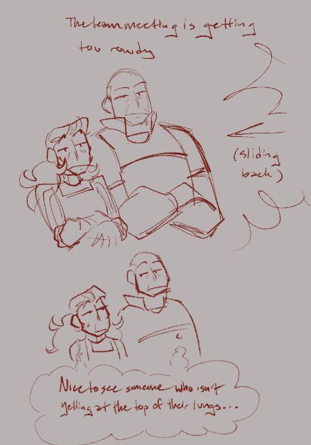 Two paneled drawing-- top drawing is the Coroner (OC) and the Heavy from TF2, both standing with their arms crossed and both have blank expressions. They seem to be slowly shifting away from a fight going on off screen. In the second panel, they have the same pose and expression, but they glance at each other, and a though bubble shared by the two states that it's "Nice to see someone who isn't yelling at the top of their lungs..."