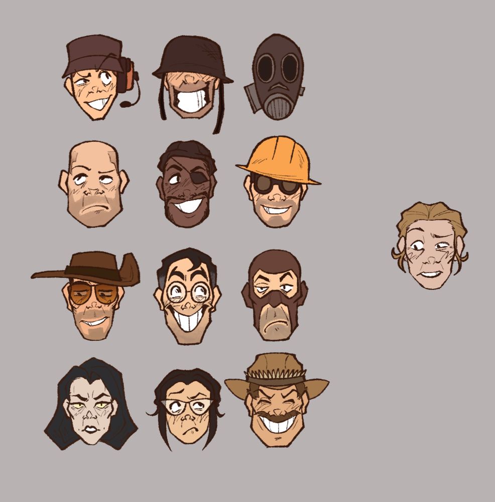 Headshot drawings of all nine mercenaries in Team Fortress 2, as well as four additional characters-- the Administrator, Miss Pauling, Saxton Hale, and an OC referred to as the Coroner
