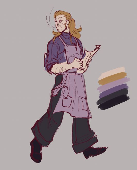 WIP reference sheet of a TF2 OC, the Coroner-- a pale woman with dirty blonde hair, wearing a purple turtleneck and dark purple pants. Also wearing a black belt (not visible in this drawing) and black boots.