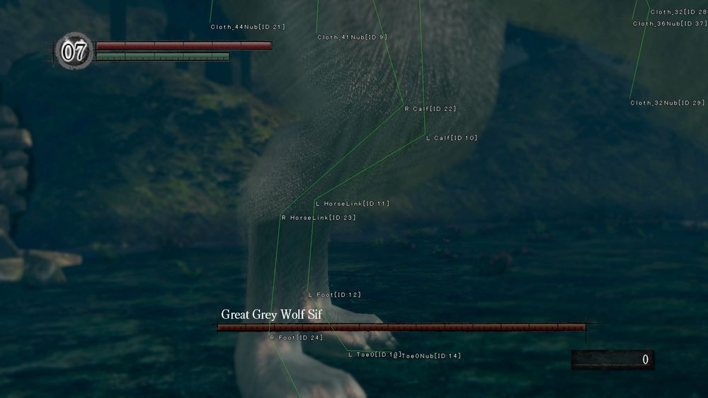 Screenshot of Sif from Dark Souls.

A closer view of the debug feature showing the bones used by the character model. Included are some default names, including "HorseLink" as part of the legs.